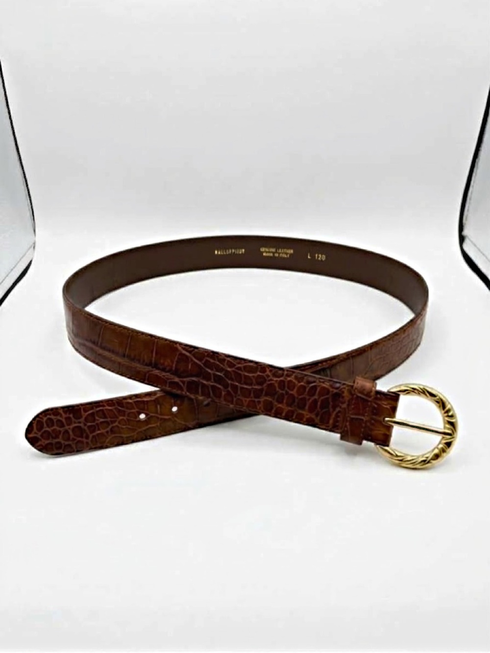Vintage Italian Alligator Embossed Leather Belt Gold Oval Buckle Size Large